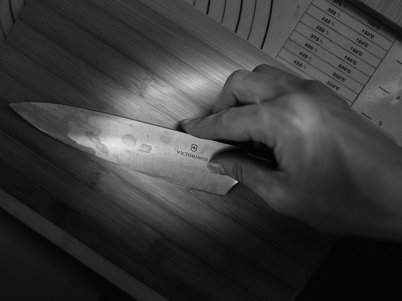 A chef's knife on a cutting board next to a prep list